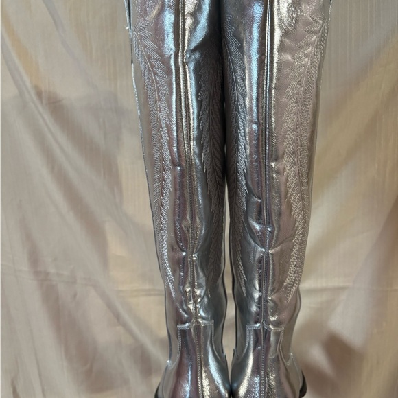 Silver Metallic Cowgirl Western Cowboy Chunky Heeled Boots Size 9 - Picture 4 of 12